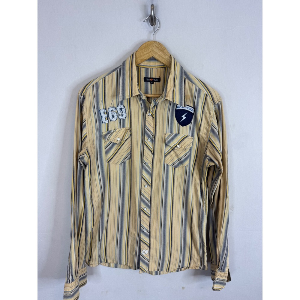 Vintage Energie Jeans Mens XL Yellow Striped Long Sleeve‎ Button Down Shirt E69